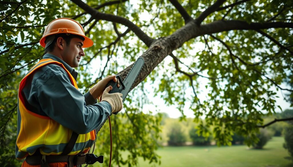 A professional arborist in safety gear, including a hard hat and high-visibility vest, carefully pruning a large tree branch with a pruning saw. In the foreground, the arborist's focused expression reflects dedication to safety-first practices. The middle ground features the tree, showcasing healthy foliage and clear signs of recent pruning, emphasizing professional standards in tree care. The background is a serene green landscape, with dappled sunlight filtering through the tree’s leaves, creating a warm and inviting atmosphere. The angle is slightly low, capturing the arborist's compliance with safety protocols as they work wisely at a height. Soft, natural lighting highlights the scene's professionalism and tranquility, with a focus on the importance of structural health in tree maintenance. A professional arborist in safety gear, including a hard hat and high-visibility vest, carefully pruning a large tree branch with a pruning saw. In the foreground, the arborist's focused expression reflects dedication to safety-first practices. The middle ground features the tree, showcasing healthy foliage and clear signs of recent pruning, emphasizing professional standards in tree care. The background is a serene green landscape, with dappled sunlight filtering through the tree’s leaves, creating a warm and inviting atmosphere. The angle is slightly low, capturing the arborist's compliance with safety protocols as they work wisely at a height. Soft, natural lighting highlights the scene's professionalism and tranquility, with a focus on the importance of structural health in tree maintenance.