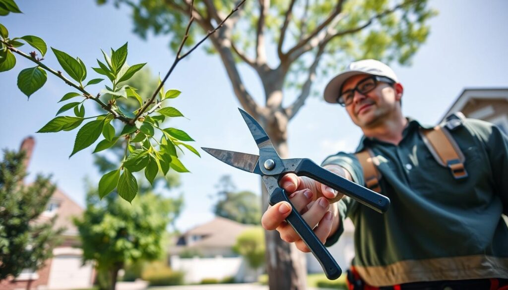 A professional arborist in smart casual attire is carefully pruning a large, healthy tree in a well-manicured suburban yard. The foreground features a pair of sharp pruning shears held in the arborist's hand, with bright green leaves and fresh branches being trimmed. In the middle ground, the tree stands tall, showcasing a balanced shape that highlights both its natural beauty and aesthetic appeal. The background reveals a sunny day with clear blue skies and a neighboring house, adding a sense of community and enhancing curb appeal. Soft, natural lighting emphasizes the vibrant greenery, creating a serene and inviting atmosphere. The angle captures both the arborist’s focused expression and the tree's elegant form, conveying the importance of regular pruning for safety and growth. A professional arborist in smart casual attire is carefully pruning a large, healthy tree in a well-manicured suburban yard. The foreground features a pair of sharp pruning shears held in the arborist's hand, with bright green leaves and fresh branches being trimmed. In the middle ground, the tree stands tall, showcasing a balanced shape that highlights both its natural beauty and aesthetic appeal. The background reveals a sunny day with clear blue skies and a neighboring house, adding a sense of community and enhancing curb appeal. Soft, natural lighting emphasizes the vibrant greenery, creating a serene and inviting atmosphere. The angle captures both the arborist’s focused expression and the tree's elegant form, conveying the importance of regular pruning for safety and growth.
