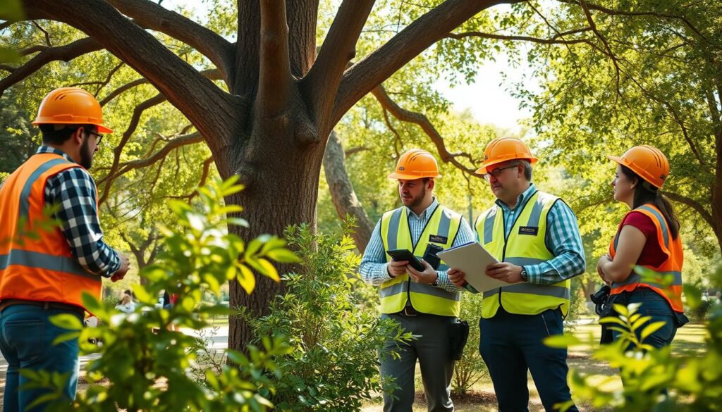 A professional arborist team evaluating a selection of trees in a vibrant outdoor setting. In the foreground, a group of three certified arborists dressed in professional attire—safety vests and helmets—examining a robust oak tree, with one holding a clipboard and another using a handheld device for measurements. The middle ground features various tree species, showcasing diverse leaf shapes and colors, highlighting the importance of quality choices. The background includes a sunlit park with lush greenery, casting dappled light through the leaves, creating a warm and inviting atmosphere. Use a slightly elevated angle to capture both the team and their surroundings, emphasizing teamwork and professionalism in a nurturing environment. A professional arborist team evaluating a selection of trees in a vibrant outdoor setting. In the foreground, a group of three certified arborists dressed in professional attire—safety vests and helmets—examining a robust oak tree, with one holding a clipboard and another using a handheld device for measurements. The middle ground features various tree species, showcasing diverse leaf shapes and colors, highlighting the importance of quality choices. The background includes a sunlit park with lush greenery, casting dappled light through the leaves, creating a warm and inviting atmosphere. Use a slightly elevated angle to capture both the team and their surroundings, emphasizing teamwork and professionalism in a nurturing environment.