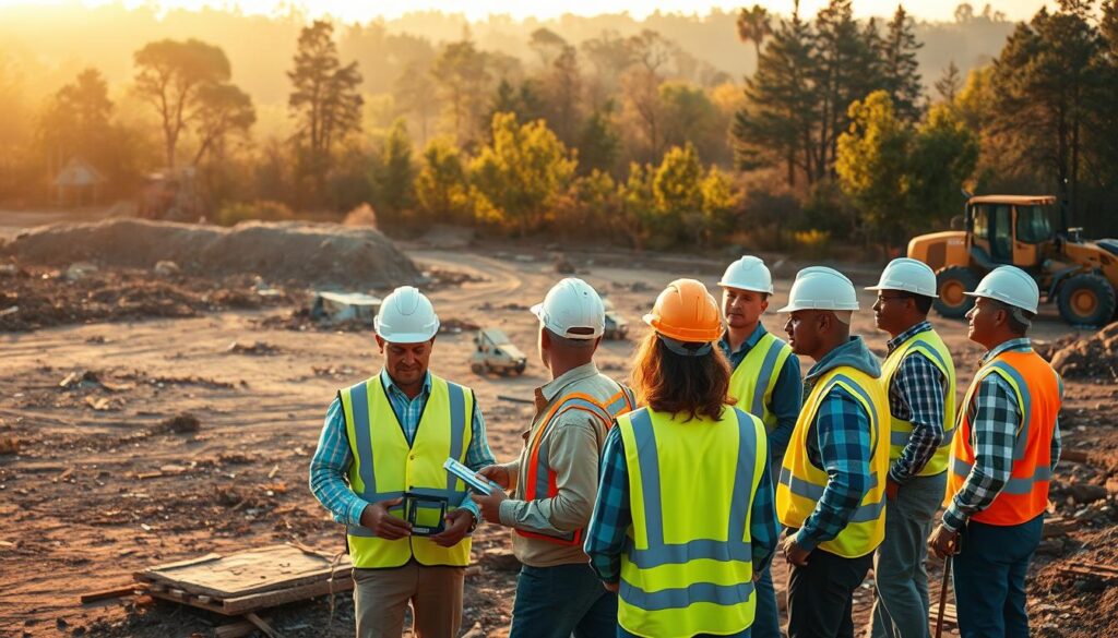 A professional construction site showcasing an expansive area undergoing site clearance. In the foreground, a team of diverse workers in hard hats and high-visibility vests evaluates the site, using tools and measuring equipment. The middle ground features heavy machinery like excavators and bulldozers engaged in clearing debris and vegetation, illustrating the complexities of site clearance. In the background, trees and undergrowth are gradually being removed, presenting a clear view of the land. Soft golden hour lighting enhances the scene, with warm rays casting dynamic shadows and highlighting the workers' focused expressions. The atmosphere is industrious yet organized, emphasizing the importance of optional add-ons and related services in determining costs for site clearing. A professional construction site showcasing an expansive area undergoing site clearance. In the foreground, a team of diverse workers in hard hats and high-visibility vests evaluates the site, using tools and measuring equipment. The middle ground features heavy machinery like excavators and bulldozers engaged in clearing debris and vegetation, illustrating the complexities of site clearance. In the background, trees and undergrowth are gradually being removed, presenting a clear view of the land. Soft golden hour lighting enhances the scene, with warm rays casting dynamic shadows and highlighting the workers' focused expressions. The atmosphere is industrious yet organized, emphasizing the importance of optional add-ons and related services in determining costs for site clearing.