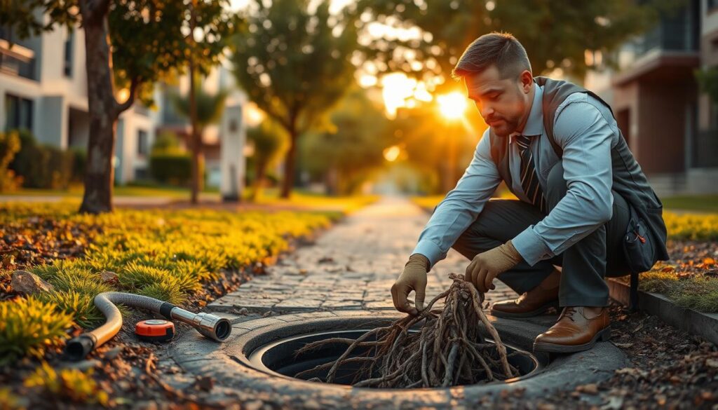 A professional drain service technician wearing business attire is inspecting a local drain in Centurion, crouched down beside an open manhole. The foreground features tools such as a plumbing snake and pipe camera, emphasizing the service aspect. In the middle ground, visualize tree roots visibly entwined around the drain pipes, showcasing a common issue faced in the region. The background should include recognizable Centurion landmarks, such as modern residential buildings and lush trees, creating a suburban atmosphere. The scene is bathed in warm afternoon light, with a slight lens flare emphasizing the sun's position. The overall mood is one of professionalism and local expertise, inviting trust and reassurance in drain maintenance solutions. A professional drain service technician wearing business attire is inspecting a local drain in Centurion, crouched down beside an open manhole. The foreground features tools such as a plumbing snake and pipe camera, emphasizing the service aspect. In the middle ground, visualize tree roots visibly entwined around the drain pipes, showcasing a common issue faced in the region. The background should include recognizable Centurion landmarks, such as modern residential buildings and lush trees, creating a suburban atmosphere. The scene is bathed in warm afternoon light, with a slight lens flare emphasizing the sun's position. The overall mood is one of professionalism and local expertise, inviting trust and reassurance in drain maintenance solutions.