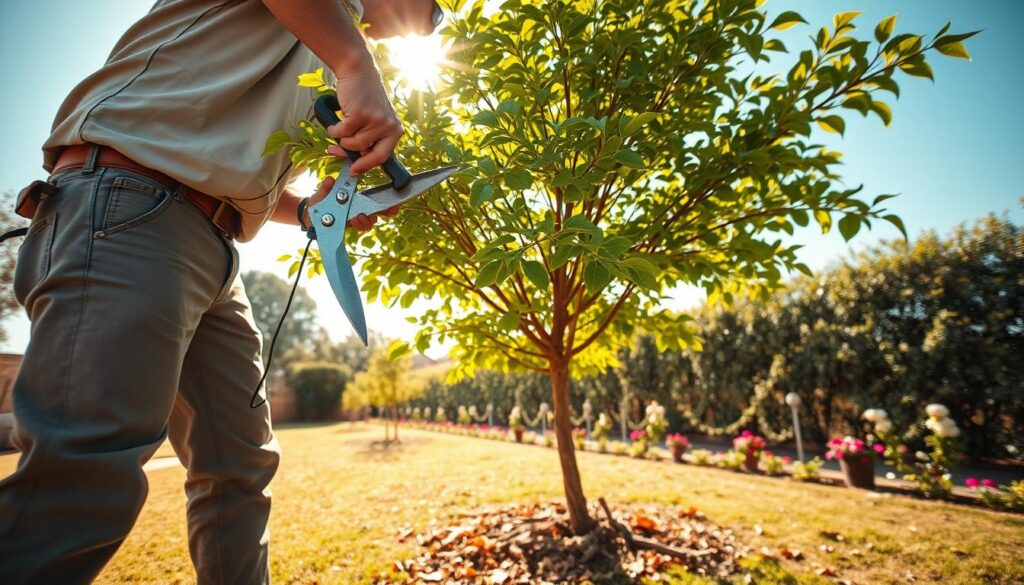 A professional horticulturist, dressed in modest casual clothing, is attentively pruning a vibrant, leafy tree in a Gauteng garden. In the foreground, the pruning shears glint in the sunlight, highlighting the care involved in the task. The middle ground features the lush, green tree, with well-defined branches showcasing healthy growth, while fallen leaves and small branches lie scattered around the base, indicating recent maintenance. In the background, rows of flowering plants and a clear blue sky enhance the tranquil garden atmosphere, bathed in warm, golden sunlight. The mood conveys a sense of calm and diligence, emphasizing the importance of regular tree pruning for structural health. Capture the image from a slightly elevated angle, creating depth and showcasing the intricate details of both the gardener's work and the beautiful garden setting. A professional horticulturist, dressed in modest casual clothing, is attentively pruning a vibrant, leafy tree in a Gauteng garden. In the foreground, the pruning shears glint in the sunlight, highlighting the care involved in the task. The middle ground features the lush, green tree, with well-defined branches showcasing healthy growth, while fallen leaves and small branches lie scattered around the base, indicating recent maintenance. In the background, rows of flowering plants and a clear blue sky enhance the tranquil garden atmosphere, bathed in warm, golden sunlight. The mood conveys a sense of calm and diligence, emphasizing the importance of regular tree pruning for structural health. Capture the image from a slightly elevated angle, creating depth and showcasing the intricate details of both the gardener's work and the beautiful garden setting.