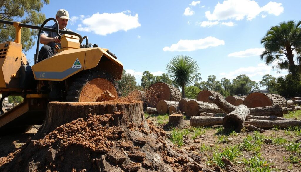 A professional landscape scene showcasing stump grinding in action. In the foreground, a robust stump grinder is actively cutting through a large tree stump, with wood chips flying. A worker in modest casual clothing, focusing intently on operating the machine, represents the human element of the task. In the middle ground, several recently felled palm, pine, and gum tree logs lie scattered about, providing context to the tree removal process. The background features a clear blue sky with a few fluffy clouds, enhancing the natural setting. The lighting is bright and sunny, casting soft shadows that highlight the textures of the wood and the machinery. The mood conveys professionalism and efficiency, emphasizing the importance of thorough stump removal. A professional landscape scene showcasing stump grinding in action. In the foreground, a robust stump grinder is actively cutting through a large tree stump, with wood chips flying. A worker in modest casual clothing, focusing intently on operating the machine, represents the human element of the task. In the middle ground, several recently felled palm, pine, and gum tree logs lie scattered about, providing context to the tree removal process. The background features a clear blue sky with a few fluffy clouds, enhancing the natural setting. The lighting is bright and sunny, casting soft shadows that highlight the textures of the wood and the machinery. The mood conveys professionalism and efficiency, emphasizing the importance of thorough stump removal.
