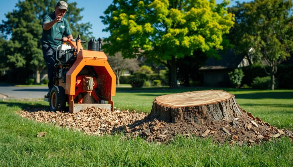 A professional landscaper operating a stump grinder in Doringkloof, Centurion, carefully removes the remnants of a tree stump. In the foreground, the powerful machine is engaged, efficiently grinding down the stump into wood chips. The middle ground features scattered wood chips and a recently cut stump, with lush green grass surrounding the site. In the background, vibrant trees and a clear blue sky suggest a peaceful suburban environment. The scene is illuminated by soft daylight, emphasizing the details of the equipment and the natural surroundings. The atmosphere conveys a sense of professionalism and dedication to maintaining a tidy landscape, showcasing local expertise in tree care. No people are included in the image, ensuring focus on the stump removal process. A professional landscaper operating a stump grinder in Doringkloof, Centurion, carefully removes the remnants of a tree stump. In the foreground, the powerful machine is engaged, efficiently grinding down the stump into wood chips. The middle ground features scattered wood chips and a recently cut stump, with lush green grass surrounding the site. In the background, vibrant trees and a clear blue sky suggest a peaceful suburban environment. The scene is illuminated by soft daylight, emphasizing the details of the equipment and the natural surroundings. The atmosphere conveys a sense of professionalism and dedication to maintaining a tidy landscape, showcasing local expertise in tree care. No people are included in the image, ensuring focus on the stump removal process.