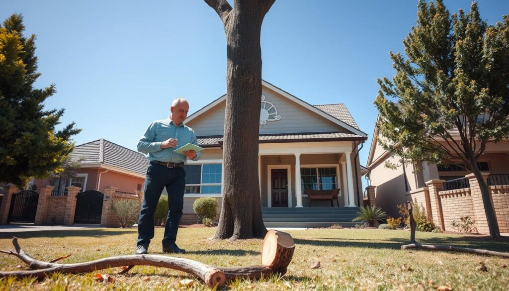 A professional pre-sale inspection scene in Centurion, focusing on a team of inspectors assessing a property before a sale. In the foreground, two inspectors in smart casual attire are examining a large tree in the yard, with tools like a clipboard and measuring tape in hand, while a few freshly cut tree branches lie nearby. The middle ground displays the well-kept house, showcasing a neat garden and inviting front porch, with a clear blue sky above. The background features other residential homes typical of Centurion, suggesting a suburban atmosphere. The lighting is bright, conveying a cheerful and proactive mood, emphasizing the importance of tree removal in enhancing property appeal. The angle captures both the inspectors and the house harmoniously. A professional pre-sale inspection scene in Centurion, focusing on a team of inspectors assessing a property before a sale. In the foreground, two inspectors in smart casual attire are examining a large tree in the yard, with tools like a clipboard and measuring tape in hand, while a few freshly cut tree branches lie nearby. The middle ground displays the well-kept house, showcasing a neat garden and inviting front porch, with a clear blue sky above. The background features other residential homes typical of Centurion, suggesting a suburban atmosphere. The lighting is bright, conveying a cheerful and proactive mood, emphasizing the importance of tree removal in enhancing property appeal. The angle captures both the inspectors and the house harmoniously.