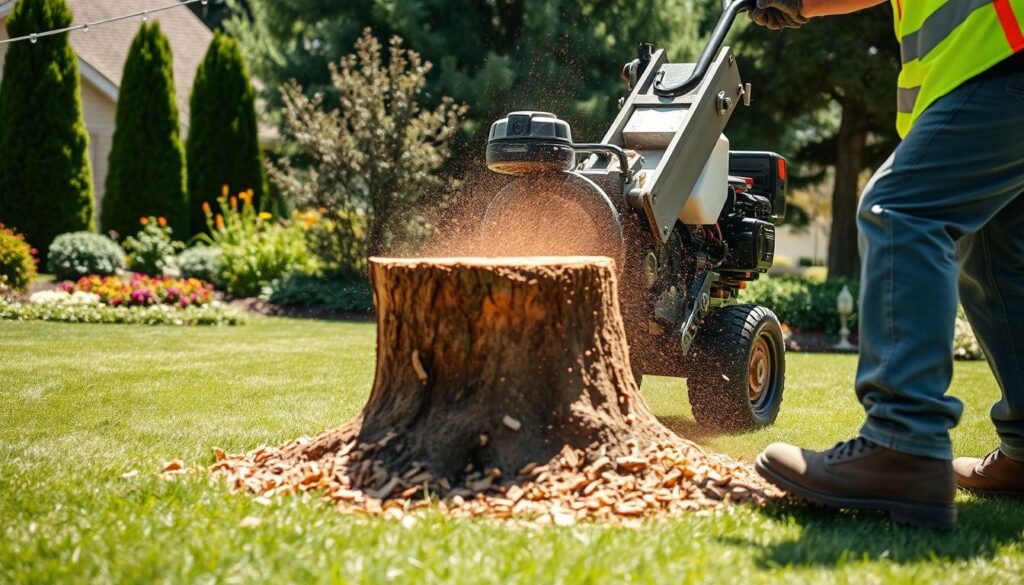 A professional stump grinder in action, focused on removing an old tree stump from a residential yard. In the foreground, the worker, dressed in safety gear and a reflective vest, expertly operates a robust stump grinding machine, its sharp teeth engaged in the stump. In the middle ground, fresh wood chips scatter around the stump as the machine efficiently grinds it down, showcasing the action and power of the equipment. The background features a well-manicured lawn, bordered by a vibrant flower garden and tall green trees, emphasizing a peaceful suburban setting. Natural sunlight bathes the scene, casting soft shadows and creating a warm atmosphere, highlighting the effectiveness of stump grinding services for homes and businesses. A professional stump grinder in action, focused on removing an old tree stump from a residential yard. In the foreground, the worker, dressed in safety gear and a reflective vest, expertly operates a robust stump grinding machine, its sharp teeth engaged in the stump. In the middle ground, fresh wood chips scatter around the stump as the machine efficiently grinds it down, showcasing the action and power of the equipment. The background features a well-manicured lawn, bordered by a vibrant flower garden and tall green trees, emphasizing a peaceful suburban setting. Natural sunlight bathes the scene, casting soft shadows and creating a warm atmosphere, highlighting the effectiveness of stump grinding services for homes and businesses.