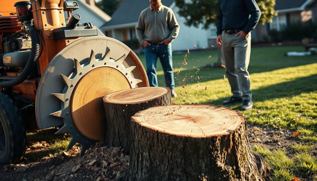 A professional stump grinding service in action, featuring a team of two workers dressed in professional, modest work attire. In the foreground, the main focus is on a robust, industrial stump grinder, with sharp, rotating blades actively grinding down a tree stump, sending small wood chips flying. The middle ground showcases a partially removed stump, revealing the intricate wood grain, while the workers are focused and engaged in the task. In the background, a suburban yard is visible with well-maintained grass and a few trees. Soft afternoon sunlight illuminates the scene, casting gentle shadows and creating a warm, professional atmosphere. The angle is slightly elevated to capture both the machinery detail and the team’s collaboration, emphasizing efficiency and expertise. A professional stump grinding service in action, featuring a team of two workers dressed in professional, modest work attire. In the foreground, the main focus is on a robust, industrial stump grinder, with sharp, rotating blades actively grinding down a tree stump, sending small wood chips flying. The middle ground showcases a partially removed stump, revealing the intricate wood grain, while the workers are focused and engaged in the task. In the background, a suburban yard is visible with well-maintained grass and a few trees. Soft afternoon sunlight illuminates the scene, casting gentle shadows and creating a warm, professional atmosphere. The angle is slightly elevated to capture both the machinery detail and the team’s collaboration, emphasizing efficiency and expertise.