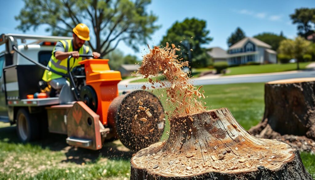 A professional stump grinding service in action, featuring a well-equipped tree service truck with a stump grinder attached in the foreground. The technician, dressed in a bright yellow safety vest and hard hat, operates the machine while focused on a freshly cut tree stump, sending wood chips flying. In the middle ground, a partially ground stump reveals the intricate textures of the wood. In the background, a suburban setting with green lawns and homes under a clear blue sky creates a serene atmosphere. The lighting is bright and natural, emphasizing the efficiency of the work being done. The image captures a sense of professionalism and care in lawn maintenance. A professional stump grinding service in action, featuring a well-equipped tree service truck with a stump grinder attached in the foreground. The technician, dressed in a bright yellow safety vest and hard hat, operates the machine while focused on a freshly cut tree stump, sending wood chips flying. In the middle ground, a partially ground stump reveals the intricate textures of the wood. In the background, a suburban setting with green lawns and homes under a clear blue sky creates a serene atmosphere. The lighting is bright and natural, emphasizing the efficiency of the work being done. The image captures a sense of professionalism and care in lawn maintenance.
