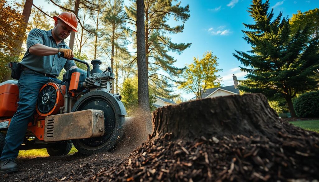 A professional stump grinding service in action. In the foreground, a skilled technician wearing a safety helmet and work gloves operates a robust stump grinder, showcasing the machine’s rotating blades and wood chips flying around. In the middle ground, a freshly ground stump reveals clean mulch and soil, reflecting the thoroughness of the service. Surrounding the scene, tall trees and lush greenery hint at a residential setting, emphasizing the importance of professional tree care. The background features a clear blue sky with soft sunlight illuminating the environment, creating a warm and inviting atmosphere. The composition should be shot from a low angle to capture the intensity of the grinding process, enhancing the sense of action and expertise in the landscaping work. A professional stump grinding service in action. In the foreground, a skilled technician wearing a safety helmet and work gloves operates a robust stump grinder, showcasing the machine’s rotating blades and wood chips flying around. In the middle ground, a freshly ground stump reveals clean mulch and soil, reflecting the thoroughness of the service. Surrounding the scene, tall trees and lush greenery hint at a residential setting, emphasizing the importance of professional tree care. The background features a clear blue sky with soft sunlight illuminating the environment, creating a warm and inviting atmosphere. The composition should be shot from a low angle to capture the intensity of the grinding process, enhancing the sense of action and expertise in the landscaping work.