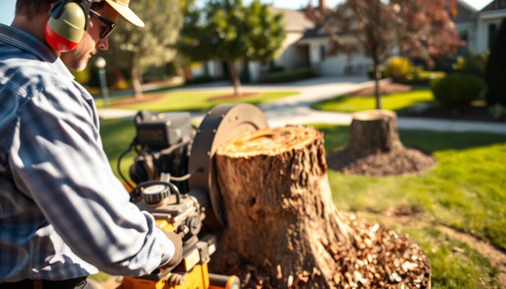 A professional stump removal scene, showcasing a skilled technician in business attire operating a large stump grinding machine. In the foreground, the technician is focused and wearing protective gear, including earmuffs and safety goggles, as they handle the grinder. The middle ground features a freshly cut stump, with wood chips scattered around, indicating the recent use of the grinding machine. The background displays a suburban landscape with manicured lawns and a few trees, illuminated by natural sunlight, enhancing the professional atmosphere. Capture this scene with a shallow depth of field to emphasize the technician and the stump while keeping the background slightly blurred. The overall mood is industrious and efficient, embodying the theme of professional stump removal expertise. A professional stump removal scene, showcasing a skilled technician in business attire operating a large stump grinding machine. In the foreground, the technician is focused and wearing protective gear, including earmuffs and safety goggles, as they handle the grinder. The middle ground features a freshly cut stump, with wood chips scattered around, indicating the recent use of the grinding machine. The background displays a suburban landscape with manicured lawns and a few trees, illuminated by natural sunlight, enhancing the professional atmosphere. Capture this scene with a shallow depth of field to emphasize the technician and the stump while keeping the background slightly blurred. The overall mood is industrious and efficient, embodying the theme of professional stump removal expertise.