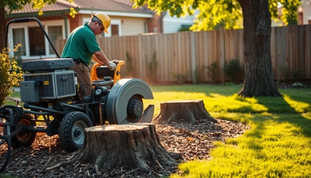 A professional stump removal service in action, featuring a skilled worker in a green work shirt and safety helmet using a stump grinder on a recently cut tree stump in a residential backyard. In the foreground, the heavy-duty stump grinder, with its sharp blades visible, stands amidst the wood chips and soil. The middle ground showcases the worker focused on the task, surrounded by tools and equipment typical for the job. In the background, a well-maintained suburban garden with green grass and a wooden fence sets the scene, illuminated by soft afternoon sunlight, creating a warm and inviting atmosphere. The angle is slightly elevated, capturing both the action and the serene environment. A professional stump removal service in action, featuring a skilled worker in a green work shirt and safety helmet using a stump grinder on a recently cut tree stump in a residential backyard. In the foreground, the heavy-duty stump grinder, with its sharp blades visible, stands amidst the wood chips and soil. The middle ground showcases the worker focused on the task, surrounded by tools and equipment typical for the job. In the background, a well-maintained suburban garden with green grass and a wooden fence sets the scene, illuminated by soft afternoon sunlight, creating a warm and inviting atmosphere. The angle is slightly elevated, capturing both the action and the serene environment.