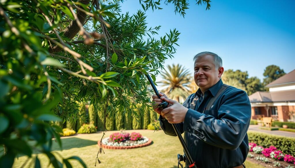 A professional tree care expert, dressed in a smart, modest uniform, carefully pruning a large, healthy tree in a lush suburban garden. In the foreground, focus on the expert using specialized tools, showcasing their skill and precision as branches fall gently to the ground. The middle ground features a well-maintained landscape, with vibrant greenery and neatly arranged flower beds, emphasizing the importance of expert tree care for property health. The background reveals a clear blue sky and a few distant homes, illustrating a safe, serene neighborhood in Centurion. Soft, natural lighting enhances the scene, creating a warm and inviting atmosphere. The angle captures the expert's concentrated expression, promoting a sense of professionalism and dedication to healthy trees. A professional tree care expert, dressed in a smart, modest uniform, carefully pruning a large, healthy tree in a lush suburban garden. In the foreground, focus on the expert using specialized tools, showcasing their skill and precision as branches fall gently to the ground. The middle ground features a well-maintained landscape, with vibrant greenery and neatly arranged flower beds, emphasizing the importance of expert tree care for property health. The background reveals a clear blue sky and a few distant homes, illustrating a safe, serene neighborhood in Centurion. Soft, natural lighting enhances the scene, creating a warm and inviting atmosphere. The angle captures the expert's concentrated expression, promoting a sense of professionalism and dedication to healthy trees.