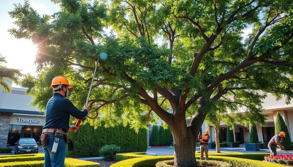 A professional tree care team performing crown pruning on a large, mature tree in a commercial landscape setting. In the foreground, focus on two technicians wearing safety gear, including helmets and gloves, as they skillfully trim branches with pruning saws and telescoping shears. In the middle, showcase the tree's lush canopy, emphasizing the careful cutting of overgrown branches to maintain an attractive and healthy shape. The background reveals a well-maintained commercial property, featuring neatly trimmed hedges and ornamental plants, with a bright blue sky and soft sunlight filtering through the leaves, creating a warm, inviting atmosphere. The scene captures the professionalism and expertise of crown maintenance services in a vibrant urban environment. Use a slightly elevated angle for a comprehensive view of the tree and landscape. A professional tree care team performing crown pruning on a large, mature tree in a commercial landscape setting. In the foreground, focus on two technicians wearing safety gear, including helmets and gloves, as they skillfully trim branches with pruning saws and telescoping shears. In the middle, showcase the tree's lush canopy, emphasizing the careful cutting of overgrown branches to maintain an attractive and healthy shape. The background reveals a well-maintained commercial property, featuring neatly trimmed hedges and ornamental plants, with a bright blue sky and soft sunlight filtering through the leaves, creating a warm, inviting atmosphere. The scene captures the professionalism and expertise of crown maintenance services in a vibrant urban environment. Use a slightly elevated angle for a comprehensive view of the tree and landscape.