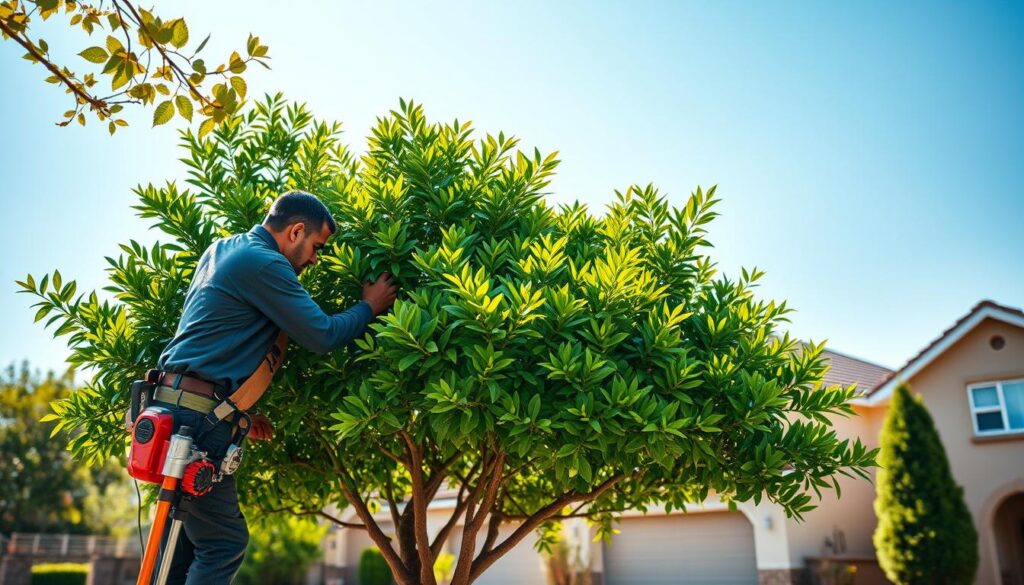 A professional tree care technician meticulously prunes the crown of a vibrant, healthy tree in a spacious Centurion property. The foreground captures the technician in business attire, focused on his task, using high-quality equipment like pole saws and safety gear. In the middle ground, the tree's lush green crown is depicted with visually striking detail, showcasing the skillful cuts and maintaining its natural shape. The background features well-maintained residential houses typical of Centurion, with clear blue skies and gentle sunlight filtering through the leaves, creating a warm and inviting atmosphere. The angle is slightly elevated, providing a comprehensive view of the tree and the surrounding landscape while emphasizing the importance of professional tree crown care. Ensure the lighting is bright yet soft, enhancing the clarity of the scene without harsh shadows. A professional tree care technician meticulously prunes the crown of a vibrant, healthy tree in a spacious Centurion property. The foreground captures the technician in business attire, focused on his task, using high-quality equipment like pole saws and safety gear. In the middle ground, the tree's lush green crown is depicted with visually striking detail, showcasing the skillful cuts and maintaining its natural shape. The background features well-maintained residential houses typical of Centurion, with clear blue skies and gentle sunlight filtering through the leaves, creating a warm and inviting atmosphere. The angle is slightly elevated, providing a comprehensive view of the tree and the surrounding landscape while emphasizing the importance of professional tree crown care. Ensure the lighting is bright yet soft, enhancing the clarity of the scene without harsh shadows.