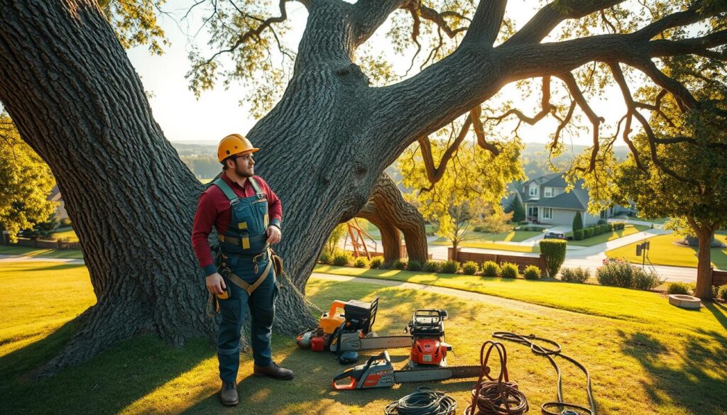 A professional tree cutting expert in full safety gear stands confidently in the foreground, assessing a large, leaning tree ready for removal. The tree's rugged bark and sprawling branches dominate the scene, showcasing the difficulty of the task. In the middle ground, various tree removal equipment like chainsaws, ropes, and harnesses are neatly organized, hinting at the meticulous preparation involved. The background reveals a suburban landscape with manicured lawns and distant houses, contrasting the natural chaos of the tree. Soft, golden sunlight filters through the leaves, casting gentle shadows that enhance the atmosphere of focused determination and professionalism. The image should evoke a mood of calm efficiency and safety awareness, captured with a slightly low angle to emphasize the tree's height and the expertise of the worker. A professional tree cutting expert in full safety gear stands confidently in the foreground, assessing a large, leaning tree ready for removal. The tree's rugged bark and sprawling branches dominate the scene, showcasing the difficulty of the task. In the middle ground, various tree removal equipment like chainsaws, ropes, and harnesses are neatly organized, hinting at the meticulous preparation involved. The background reveals a suburban landscape with manicured lawns and distant houses, contrasting the natural chaos of the tree. Soft, golden sunlight filters through the leaves, casting gentle shadows that enhance the atmosphere of focused determination and professionalism. The image should evoke a mood of calm efficiency and safety awareness, captured with a slightly low angle to emphasize the tree's height and the expertise of the worker.