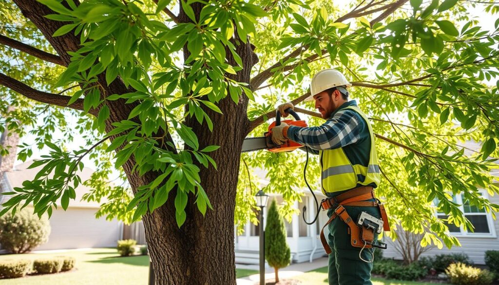 A professional tree cutting service in action, focused on a skilled worker in safety gear, wearing a hard hat and gloves, wielding a chainsaw. In the foreground, the worker is trimming branches from a large, leafy tree with bright green foliage. The middle ground features a well-maintained residential yard, with a small house in the background, showcasing a cozy suburban environment. Soft, natural lighting filters through the leaves, casting dappled shadows on the ground. The scene conveys a sense of professionalism and precision, emphasizing the quality of tree cutting services. Capture a clear view with a slightly low angle to highlight both the worker and the tree, creating depth and focus. A professional tree cutting service in action, focused on a skilled worker in safety gear, wearing a hard hat and gloves, wielding a chainsaw. In the foreground, the worker is trimming branches from a large, leafy tree with bright green foliage. The middle ground features a well-maintained residential yard, with a small house in the background, showcasing a cozy suburban environment. Soft, natural lighting filters through the leaves, casting dappled shadows on the ground. The scene conveys a sense of professionalism and precision, emphasizing the quality of tree cutting services. Capture a clear view with a slightly low angle to highlight both the worker and the tree, creating depth and focus.