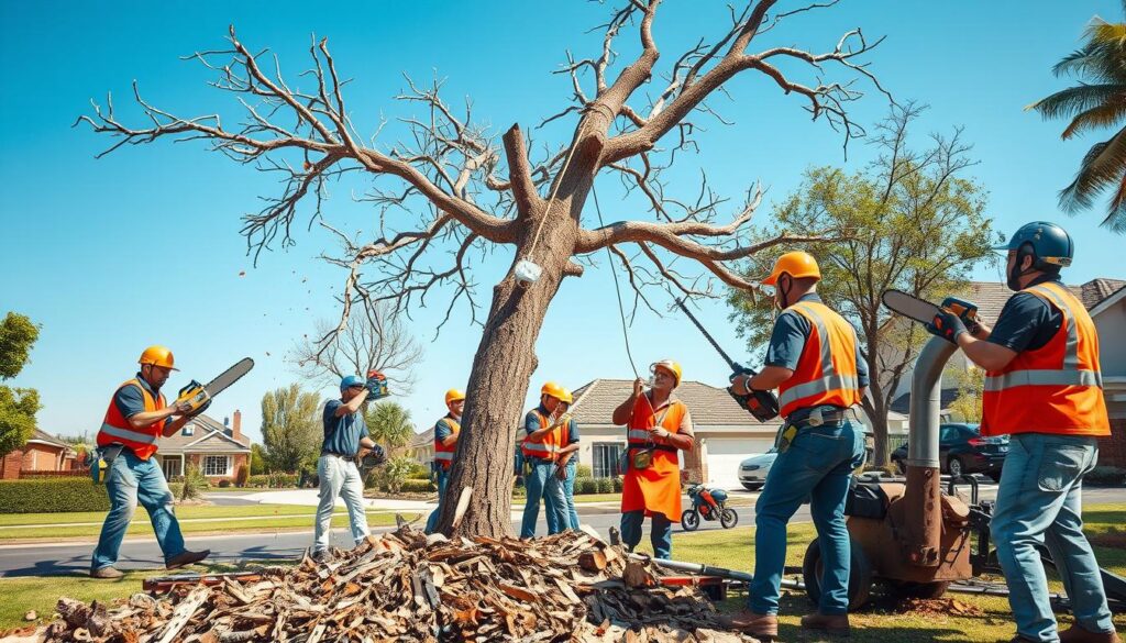 A professional tree cutting service in action, showcasing a diverse team of workers in smart casual clothing using chainsaws and safety gear. In the foreground, a sturdy tree with its branches being cut away, debris falling to the ground, illustrating a meticulous job. In the middle, the team collaborates while another worker operates a woodchipper, creating a dynamic sense of activity. The background includes a suburban neighborhood in Centurion, with well-kept lawns and homes visible under a clear blue sky, emphasizing a peaceful yet industrious atmosphere. The lighting is bright and natural, casting soft shadows that suggest midday. The overall mood should be one of professionalism and efficiency, capturing the essence of tree cutting services for every size job. A professional tree cutting service in action, showcasing a diverse team of workers in smart casual clothing using chainsaws and safety gear. In the foreground, a sturdy tree with its branches being cut away, debris falling to the ground, illustrating a meticulous job. In the middle, the team collaborates while another worker operates a woodchipper, creating a dynamic sense of activity. The background includes a suburban neighborhood in Centurion, with well-kept lawns and homes visible under a clear blue sky, emphasizing a peaceful yet industrious atmosphere. The lighting is bright and natural, casting soft shadows that suggest midday. The overall mood should be one of professionalism and efficiency, capturing the essence of tree cutting services for every size job.