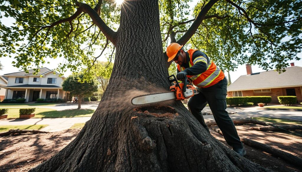 A professional tree feller in Centurion, wearing a safety helmet and reflective work attire, is skillfully using a chainsaw to cut down a robust tree. In the foreground, the tree trunk shows fresh sawdust being flung in the air, emphasizing the dynamic action. In the middle ground, fallen branches and small debris scatter around, enhancing the realism of the scene. The background features a suburban area with neatly maintained homes, providing a sense of community. Bright daylight filters through the leaves, casting dappled shadows on the ground, creating an inviting and safe atmosphere. Capture the scene from a slightly low-angle perspective, showcasing both the feller's focus and the towering tree. The mood is professional, diligent, and community-focused. A professional tree feller in Centurion, wearing a safety helmet and reflective work attire, is skillfully using a chainsaw to cut down a robust tree. In the foreground, the tree trunk shows fresh sawdust being flung in the air, emphasizing the dynamic action. In the middle ground, fallen branches and small debris scatter around, enhancing the realism of the scene. The background features a suburban area with neatly maintained homes, providing a sense of community. Bright daylight filters through the leaves, casting dappled shadows on the ground, creating an inviting and safe atmosphere. Capture the scene from a slightly low-angle perspective, showcasing both the feller's focus and the towering tree. The mood is professional, diligent, and community-focused.