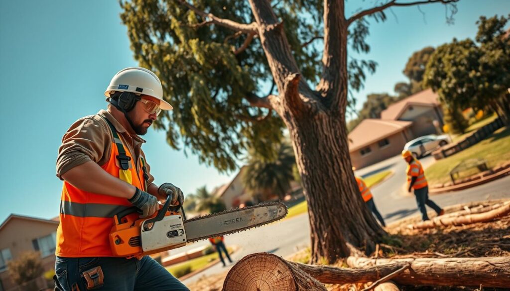 A professional tree felling crew in Centurion, skillfully cutting down a tall, healthy tree in a suburban setting. In the foreground, a focused worker in a hard hat and safety goggles operates a chainsaw, surrounded by wooden logs and tree branches. The middle ground features other crew members in professional attire, safely managing the environment and preparing for cleanup. The background showcases a suburban neighborhood with well-kept gardens and houses, under a bright, clear blue sky. The lighting is warm and natural, creating a sense of an efficient and safe work environment. The mood is industrious and dedicated, emphasizing professionalism in cost-effective tree felling practices. A professional tree felling crew in Centurion, skillfully cutting down a tall, healthy tree in a suburban setting. In the foreground, a focused worker in a hard hat and safety goggles operates a chainsaw, surrounded by wooden logs and tree branches. The middle ground features other crew members in professional attire, safely managing the environment and preparing for cleanup. The background showcases a suburban neighborhood with well-kept gardens and houses, under a bright, clear blue sky. The lighting is warm and natural, creating a sense of an efficient and safe work environment. The mood is industrious and dedicated, emphasizing professionalism in cost-effective tree felling practices.