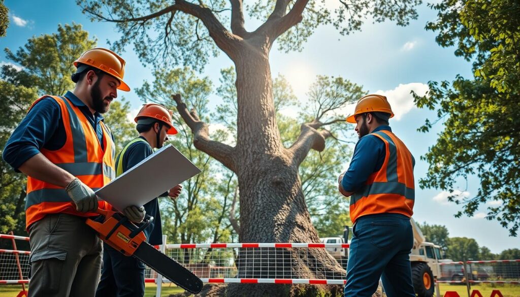 A professional tree felling operation in a vibrant outdoor setting, focusing on safety and care. In the foreground, a group of two workers in professional attire, wearing safety helmets and reflective vests, carefully assessing a large tree. One worker holds a chainsaw, while the other studies a safety checklist. In the middle ground, a strategically positioned crane and safety barricades surround the tree, ensuring a controlled environment. The background features lush greenery and an open sky, with rays of sunlight filtering through the branches, creating a warm and focused ambiance. The angle is slightly elevated, providing a comprehensive view of the work site, emphasizing professionalism and safety protocols in action. A professional tree felling operation in a vibrant outdoor setting, focusing on safety and care. In the foreground, a group of two workers in professional attire, wearing safety helmets and reflective vests, carefully assessing a large tree. One worker holds a chainsaw, while the other studies a safety checklist. In the middle ground, a strategically positioned crane and safety barricades surround the tree, ensuring a controlled environment. The background features lush greenery and an open sky, with rays of sunlight filtering through the branches, creating a warm and focused ambiance. The angle is slightly elevated, providing a comprehensive view of the work site, emphasizing professionalism and safety protocols in action.