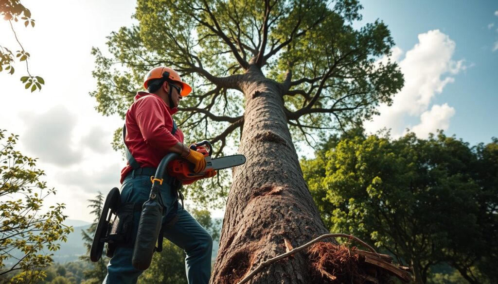 A professional tree felling scene in Centurion, showcasing a skilled arborist wearing safety gear—helmet, gloves, and protective eyewear—strategically positioned in the foreground, preparing to fell a large, mature tree with a chainsaw. In the middle ground, the tree leans precariously toward a clear area to ensure safety for nearby structures. Surrounding trees display a rich green canopy, indicating a healthy ecosystem. The background features distant hills under a bright, sunny sky with soft, fluffy clouds, casting dappled sunlight across the scene, enhancing the atmosphere of a safe and controlled environment. The shot should be taken from a low angle to emphasize the height of the tree and the professionalism of the arborist, creating a sense of respect for nature and safety in tree management. A professional tree felling scene in Centurion, showcasing a skilled arborist wearing safety gear—helmet, gloves, and protective eyewear—strategically positioned in the foreground, preparing to fell a large, mature tree with a chainsaw. In the middle ground, the tree leans precariously toward a clear area to ensure safety for nearby structures. Surrounding trees display a rich green canopy, indicating a healthy ecosystem. The background features distant hills under a bright, sunny sky with soft, fluffy clouds, casting dappled sunlight across the scene, enhancing the atmosphere of a safe and controlled environment. The shot should be taken from a low angle to emphasize the height of the tree and the professionalism of the arborist, creating a sense of respect for nature and safety in tree management.