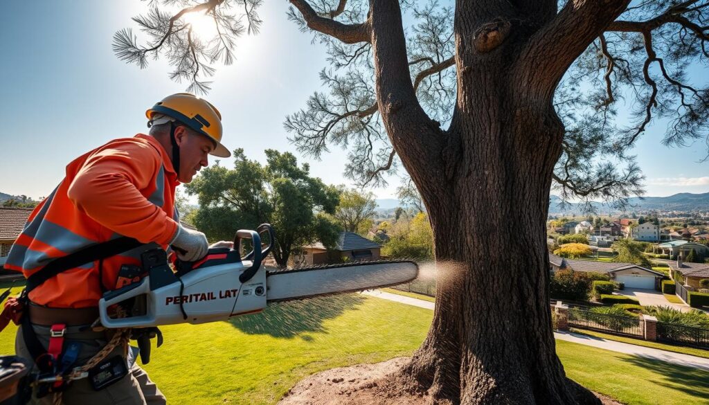 A professional tree felling scene in a lush Centurion property, foreground features a skilled arborist in a helmet and safety gear, wielding a chainsaw with precision. In the middle ground, a large, healthy tree is being carefully cut at the base, with sawdust flying, emphasizing the action of tree felling. The background showcases a serene suburban landscape with well-maintained properties, green lawns, and distant hills under a clear blue sky. Light filters through the treetops, casting dynamic shadows on the ground. The atmosphere is focused and professional, capturing the importance of safety in the tree felling process. The lens captures the scene from a slightly elevated angle, providing a comprehensive view of both the arborist and the tree being felled, highlighting the skill required in this essential work. A professional tree felling scene in a lush Centurion property, foreground features a skilled arborist in a helmet and safety gear, wielding a chainsaw with precision. In the middle ground, a large, healthy tree is being carefully cut at the base, with sawdust flying, emphasizing the action of tree felling. The background showcases a serene suburban landscape with well-maintained properties, green lawns, and distant hills under a clear blue sky. Light filters through the treetops, casting dynamic shadows on the ground. The atmosphere is focused and professional, capturing the importance of safety in the tree felling process. The lens captures the scene from a slightly elevated angle, providing a comprehensive view of both the arborist and the tree being felled, highlighting the skill required in this essential work.
