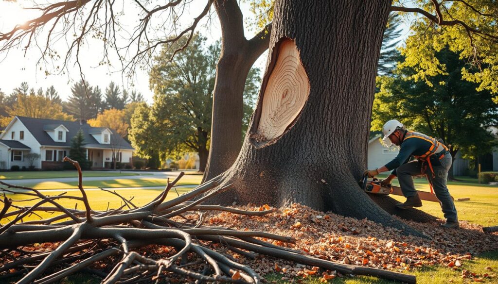 A professional tree felling scene in a suburban environment, showcasing a skilled arborist wearing safety gear, such as a helmet and gloves, operating a chainsaw to fell a large dead tree. In the foreground, fallen branches and wood chips scatter across the ground, while the arborist is depicted mid-action, focusing intently on the task. In the middle ground, a towering dead tree stands at an angle, partially cut through, revealing its rings and age. In the background, a well-kept yard with healthy green trees and a distant house creates a striking contrast. The image has warm afternoon sunlight filtering through the branches, casting dynamic shadows on the ground, conveying a sense of professionalism and care in tree management. A professional tree felling scene in a suburban environment, showcasing a skilled arborist wearing safety gear, such as a helmet and gloves, operating a chainsaw to fell a large dead tree. In the foreground, fallen branches and wood chips scatter across the ground, while the arborist is depicted mid-action, focusing intently on the task. In the middle ground, a towering dead tree stands at an angle, partially cut through, revealing its rings and age. In the background, a well-kept yard with healthy green trees and a distant house creates a striking contrast. The image has warm afternoon sunlight filtering through the branches, casting dynamic shadows on the ground, conveying a sense of professionalism and care in tree management.