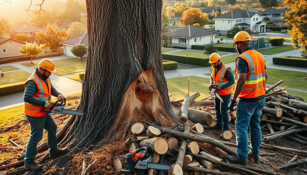 A professional tree-felling scene showcasing a team of skilled workers in reflective safety vests operating chainsaws and cutting down a sturdy oak tree in Hennopspark, Centurion. In the foreground, focus on a worker carefully sawing through the trunk, while another observes and assesses the direction of the fall. In the middle ground, piles of chopped wood and fallen branches create an organized work area. The background features a suburban landscape with well-kept homes and green lawns, bathed in warm, golden afternoon sunlight. Use a wide-angle lens to capture the breadth of the scene, enhancing the feeling of professionalism and safety. The atmosphere is energetic and focused, emphasizing the importance of tree felling services in both industrial and home settings. A professional tree-felling scene showcasing a team of skilled workers in reflective safety vests operating chainsaws and cutting down a sturdy oak tree in Hennopspark, Centurion. In the foreground, focus on a worker carefully sawing through the trunk, while another observes and assesses the direction of the fall. In the middle ground, piles of chopped wood and fallen branches create an organized work area. The background features a suburban landscape with well-kept homes and green lawns, bathed in warm, golden afternoon sunlight. Use a wide-angle lens to capture the breadth of the scene, enhancing the feeling of professionalism and safety. The atmosphere is energetic and focused, emphasizing the importance of tree felling services in both industrial and home settings.