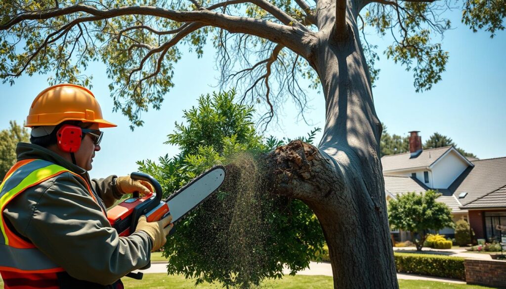 A professional tree felling scene showcasing an experienced arborist in safety gear, including a hard hat and goggles, using a chainsaw to skillfully cut down a large, healthy tree. In the foreground, the arborist is focused on the task, capturing the precision and care of tree removal. The middle ground features the tree beginning to topple, with branches falling gracefully—a testimony to the controlled environment of the operation. In the background, a serene suburban setting in Centurion is visible, with well-maintained houses and clear blue skies, conveying a sense of community. The lighting is bright and natural, depicting a sunny day, enhancing the vivid colors of the tree foliage and surrounding area, creating an atmosphere of professionalism and safety. A professional tree felling scene showcasing an experienced arborist in safety gear, including a hard hat and goggles, using a chainsaw to skillfully cut down a large, healthy tree. In the foreground, the arborist is focused on the task, capturing the precision and care of tree removal. The middle ground features the tree beginning to topple, with branches falling gracefully—a testimony to the controlled environment of the operation. In the background, a serene suburban setting in Centurion is visible, with well-maintained houses and clear blue skies, conveying a sense of community. The lighting is bright and natural, depicting a sunny day, enhancing the vivid colors of the tree foliage and surrounding area, creating an atmosphere of professionalism and safety.