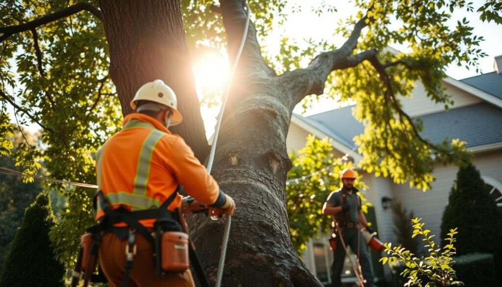 A professional tree felling service in action, featuring a team of two workers in safety gear using chainsaws and ropes to carefully cut down a large, leaning tree in a suburban yard. In the foreground, focus on the workers, showcasing their concentration and teamwork as they navigate the challenging task. The background reveals a home partially obscured by foliage, indicating the complexity of the job. Sunlight filters through the leaves, creating a warm, inviting atmosphere, while dappled shadows add depth to the scene. The angle should capture the height of the tree and the precision of the cutting process, ensuring a sense of urgency and professionalism without compromising safety. A professional tree felling service in action, featuring a team of two workers in safety gear using chainsaws and ropes to carefully cut down a large, leaning tree in a suburban yard. In the foreground, focus on the workers, showcasing their concentration and teamwork as they navigate the challenging task. The background reveals a home partially obscured by foliage, indicating the complexity of the job. Sunlight filters through the leaves, creating a warm, inviting atmosphere, while dappled shadows add depth to the scene. The angle should capture the height of the tree and the precision of the cutting process, ensuring a sense of urgency and professionalism without compromising safety.
