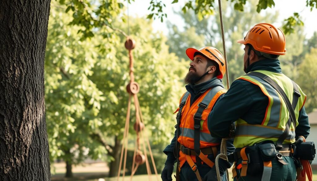 A professional tree felling team in action, emphasizing safety and compliance. In the foreground, two workers in high-visibility jackets and helmets are using safety ropes and harnesses while carefully assessing a large tree. One worker is pointing at a specific branch while the other is looking up with focused attention. In the middle ground, a rope pulley system is set up to lower large branches safely. In the background, the lush greenery of a suburban area can be seen, contrasting the safety measures. The scene is illuminated by soft, natural daylight, casting gentle shadows. Capture the atmosphere of professionalism and diligence, conveying a sense of trust in expertise and careful planning in tree removal operations. A professional tree felling team in action, emphasizing safety and compliance. In the foreground, two workers in high-visibility jackets and helmets are using safety ropes and harnesses while carefully assessing a large tree. One worker is pointing at a specific branch while the other is looking up with focused attention. In the middle ground, a rope pulley system is set up to lower large branches safely. In the background, the lush greenery of a suburban area can be seen, contrasting the safety measures. The scene is illuminated by soft, natural daylight, casting gentle shadows. Capture the atmosphere of professionalism and diligence, conveying a sense of trust in expertise and careful planning in tree removal operations.