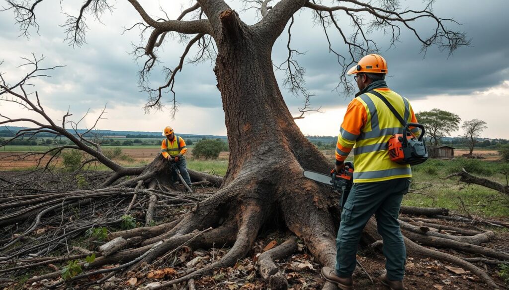A professional tree felling team responds to a storm-damaged area in Irene, Centurion. In the foreground, two workers in safety helmets and high-visibility workwear are using chainsaws to fell a large, uprooted tree, its roots exposed and branches scattered. The middle ground features the chaotic aftermath of the storm—broken branches, debris, and partially fallen trees. In the background, a rural landscape with a cloudy sky suggests an ongoing storm, casting a dramatic light. The scene is dynamic yet focused, showcasing the urgency and importance of emergency tree felling services. The atmosphere is serious but determined, emphasizing safety and professionalism in the face of nature's power. The angle captures both the workers and the expansive damage around them. A professional tree felling team responds to a storm-damaged area in Irene, Centurion. In the foreground, two workers in safety helmets and high-visibility workwear are using chainsaws to fell a large, uprooted tree, its roots exposed and branches scattered. The middle ground features the chaotic aftermath of the storm—broken branches, debris, and partially fallen trees. In the background, a rural landscape with a cloudy sky suggests an ongoing storm, casting a dramatic light. The scene is dynamic yet focused, showcasing the urgency and importance of emergency tree felling services. The atmosphere is serious but determined, emphasizing safety and professionalism in the face of nature's power. The angle captures both the workers and the expansive damage around them.