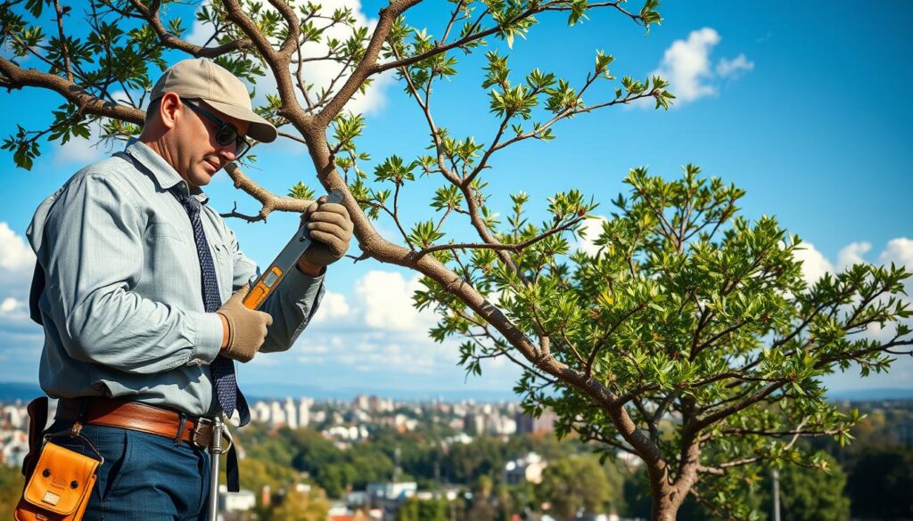 A professional tree pruning scene featuring a skilled arborist in business attire, focused on shaping a large, lush tree. The arborist is using precision tools, positioned in the foreground, showcasing careful attention to detail. In the middle ground, various branches being trimmed reveal the art of aesthetic shaping, with freshly cut ends glistening in the sunlight. The background features a serene urban landscape, with distant buildings and a blue sky adorned with soft, fluffy clouds. The lighting should be bright and natural, casting gentle shadows that enhance the textures of the tree and the surrounding environment. The mood is one of professionalism and care, highlighting the importance of expert tree trimming services. A professional tree pruning scene featuring a skilled arborist in business attire, focused on shaping a large, lush tree. The arborist is using precision tools, positioned in the foreground, showcasing careful attention to detail. In the middle ground, various branches being trimmed reveal the art of aesthetic shaping, with freshly cut ends glistening in the sunlight. The background features a serene urban landscape, with distant buildings and a blue sky adorned with soft, fluffy clouds. The lighting should be bright and natural, casting gentle shadows that enhance the textures of the tree and the surrounding environment. The mood is one of professionalism and care, highlighting the importance of expert tree trimming services.