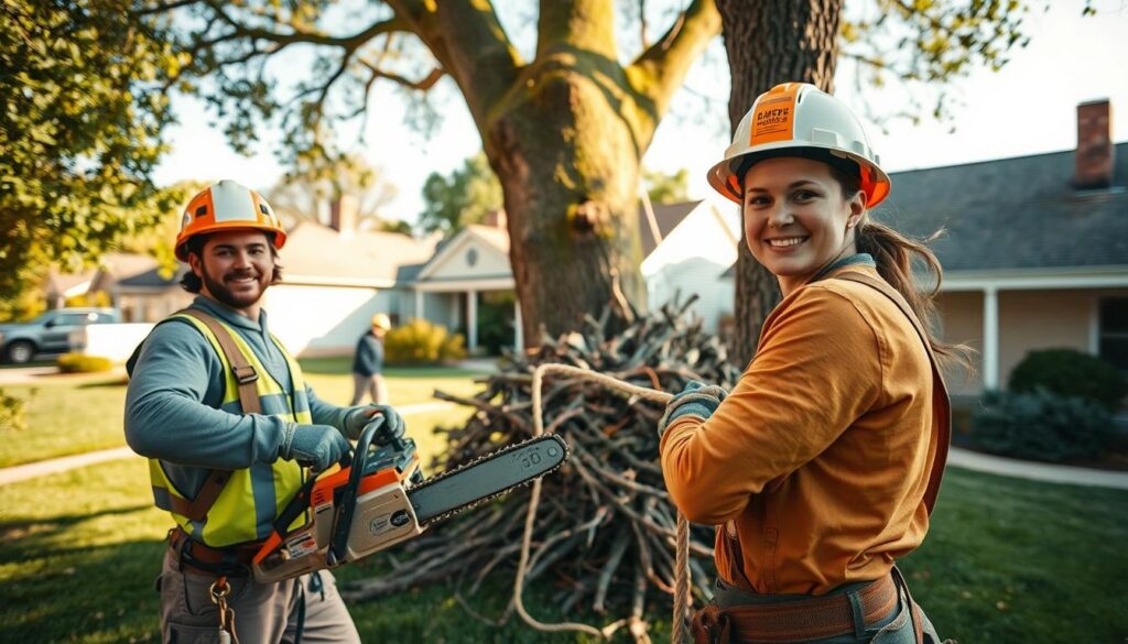 A professional tree removal crew at work in a suburban setting, showcasing the process of scheduled tree removal. In the foreground, a friendly and focused male arborist in a hard hat and safety gear operates a chainsaw, while a female crew member secures safety ropes nearby. The middle ground features a large tree being cut down, with branches carefully removed and stacked. In the background, a well-kept yard and modest homes are visible, emphasizing a community environment. The scene is lit with warm afternoon sunlight, casting soft shadows, and shot at eye level to create an engaging atmosphere. The mood is productive and organized, reflecting the benefits of scheduled tree removal. A professional tree removal crew at work in a suburban setting, showcasing the process of scheduled tree removal. In the foreground, a friendly and focused male arborist in a hard hat and safety gear operates a chainsaw, while a female crew member secures safety ropes nearby. The middle ground features a large tree being cut down, with branches carefully removed and stacked. In the background, a well-kept yard and modest homes are visible, emphasizing a community environment. The scene is lit with warm afternoon sunlight, casting soft shadows, and shot at eye level to create an engaging atmosphere. The mood is productive and organized, reflecting the benefits of scheduled tree removal.