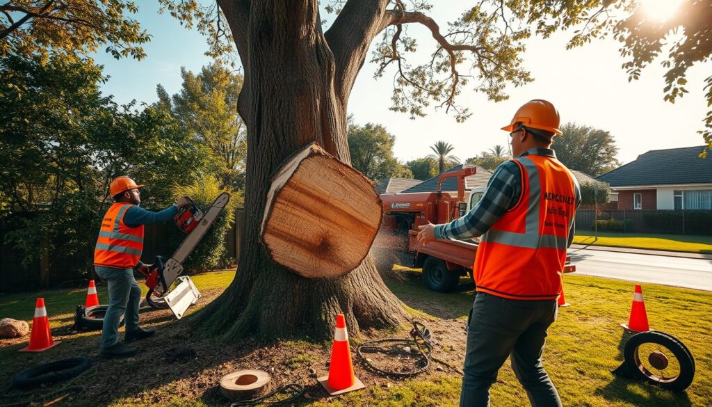 A professional tree removal crew in action on a residential property, showcasing safe and compliant tree felling practices in Centurion. In the foreground, two skilled workers dressed in orange safety vests and hard hats are using chainsaws and ropes to carefully fell a large, mature tree. The middle ground features an array of equipment, including a wood chipper and safety cones, emphasizing safety measures. In the background, a well-maintained neighborhood with houses and green lawns under a clear blue sky highlights a serene atmosphere. Soft, warm sunlight filters through the leaves, casting a gentle glow on the scene, creating a mood of professionalism and reliability. The composition is captured from a slightly elevated angle for a comprehensive view. A professional tree removal crew in action on a residential property, showcasing safe and compliant tree felling practices in Centurion. In the foreground, two skilled workers dressed in orange safety vests and hard hats are using chainsaws and ropes to carefully fell a large, mature tree. The middle ground features an array of equipment, including a wood chipper and safety cones, emphasizing safety measures. In the background, a well-maintained neighborhood with houses and green lawns under a clear blue sky highlights a serene atmosphere. Soft, warm sunlight filters through the leaves, casting a gentle glow on the scene, creating a mood of professionalism and reliability. The composition is captured from a slightly elevated angle for a comprehensive view.