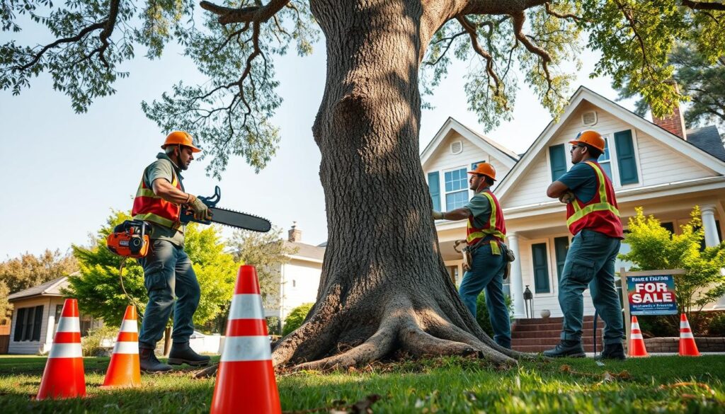 A professional tree removal crew in protective gear operates a chainsaw, cutting down a large, healthy oak tree in a suburban yard. In the foreground, safety cones and ropes are positioned, highlighting a meticulous work area. In the middle, a worker carefully guides the falling tree, while another stands ready to assist, wearing sturdy helmets and gloves. The background features a charming house with a "for sale" sign, showing a clear blue sky and vibrant greenery, symbolizing the transition from nature to property. The atmosphere is focused and industrious, with soft sunlight illuminating the scene, casting gentle shadows. Capture the image from a low angle, emphasizing the tree's height and the crew's professionalism without any distractions or text elements. A professional tree removal crew in protective gear operates a chainsaw, cutting down a large, healthy oak tree in a suburban yard. In the foreground, safety cones and ropes are positioned, highlighting a meticulous work area. In the middle, a worker carefully guides the falling tree, while another stands ready to assist, wearing sturdy helmets and gloves. The background features a charming house with a "for sale" sign, showing a clear blue sky and vibrant greenery, symbolizing the transition from nature to property. The atmosphere is focused and industrious, with soft sunlight illuminating the scene, casting gentle shadows. Capture the image from a low angle, emphasizing the tree's height and the crew's professionalism without any distractions or text elements.