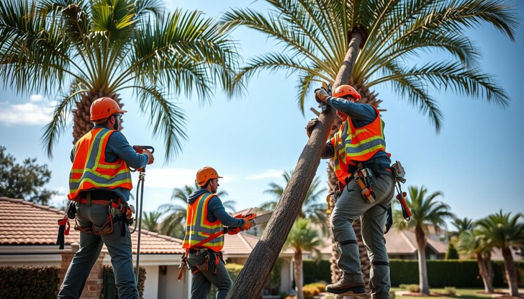 A professional tree removal crew is actively engaged in a palm tree removal process in a residential area. In the foreground, two workers are clad in bright safety vests and helmets, using high-quality climbing gear and a chainsaw to carefully cut down the palm tree. The middle ground features the majestic palm with its fronds and trunk slowly being brought down, while the background showcases a well-kept garden with a clear blue sky and several other palm trees dotting the landscape. The sunlight casts soft shadows, enhancing the safety and professionalism of the scene. The overall mood conveys a sense of responsibility and competence, highlighting the importance of safety-first techniques in palm removals. A professional tree removal crew is actively engaged in a palm tree removal process in a residential area. In the foreground, two workers are clad in bright safety vests and helmets, using high-quality climbing gear and a chainsaw to carefully cut down the palm tree. The middle ground features the majestic palm with its fronds and trunk slowly being brought down, while the background showcases a well-kept garden with a clear blue sky and several other palm trees dotting the landscape. The sunlight casts soft shadows, enhancing the safety and professionalism of the scene. The overall mood conveys a sense of responsibility and competence, highlighting the importance of safety-first techniques in palm removals.