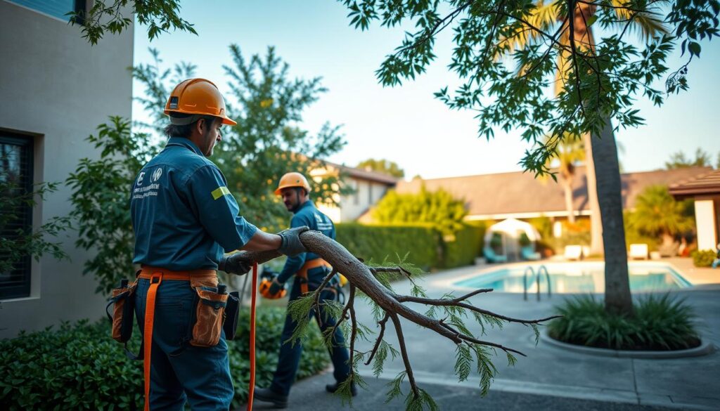 A professional tree removal crew is actively working in a tight driveway near a residential building, with a swimming pool visible in the background. The foreground shows two team members in professional attire, wearing safety helmets and using equipment to carefully remove a large tree branch, ensuring minimal disruption. In the middle ground, the driveway is lined with lush greenery, emphasizing the precision required in this confined space. The background captures a well-maintained house with clear blue skies and soft afternoon lighting, creating a serene atmosphere. The lens captures a slightly elevated angle, providing a comprehensive view of the scene while ensuring safety is prioritized. The overall mood is focused and industrious, highlighting the expertise of the team in a delicate setting. A professional tree removal crew is actively working in a tight driveway near a residential building, with a swimming pool visible in the background. The foreground shows two team members in professional attire, wearing safety helmets and using equipment to carefully remove a large tree branch, ensuring minimal disruption. In the middle ground, the driveway is lined with lush greenery, emphasizing the precision required in this confined space. The background captures a well-maintained house with clear blue skies and soft afternoon lighting, creating a serene atmosphere. The lens captures a slightly elevated angle, providing a comprehensive view of the scene while ensuring safety is prioritized. The overall mood is focused and industrious, highlighting the expertise of the team in a delicate setting.