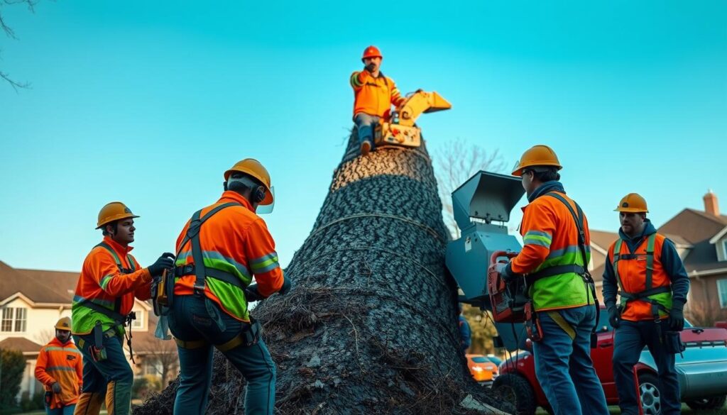 A professional tree removal process in action, featuring a team of four workers in safety helmets and harnesses, dressed in bright orange and green work attire. In the foreground, one worker uses a chainsaw to take down a large tree, while another operates a chipper, collecting branches. In the middle ground, a third team member is carefully guiding the tree's fall, while the fourth inspects the area for safety. The background shows a suburban setting with houses and clear blue skies. Soft, natural lighting illuminates the scene, creating a lively yet focused atmosphere. The perspective captures the teamwork and professionalism involved in tree removal, showcasing the equipment and meticulous attention to safety. A professional tree removal process in action, featuring a team of four workers in safety helmets and harnesses, dressed in bright orange and green work attire. In the foreground, one worker uses a chainsaw to take down a large tree, while another operates a chipper, collecting branches. In the middle ground, a third team member is carefully guiding the tree's fall, while the fourth inspects the area for safety. The background shows a suburban setting with houses and clear blue skies. Soft, natural lighting illuminates the scene, creating a lively yet focused atmosphere. The perspective captures the teamwork and professionalism involved in tree removal, showcasing the equipment and meticulous attention to safety.