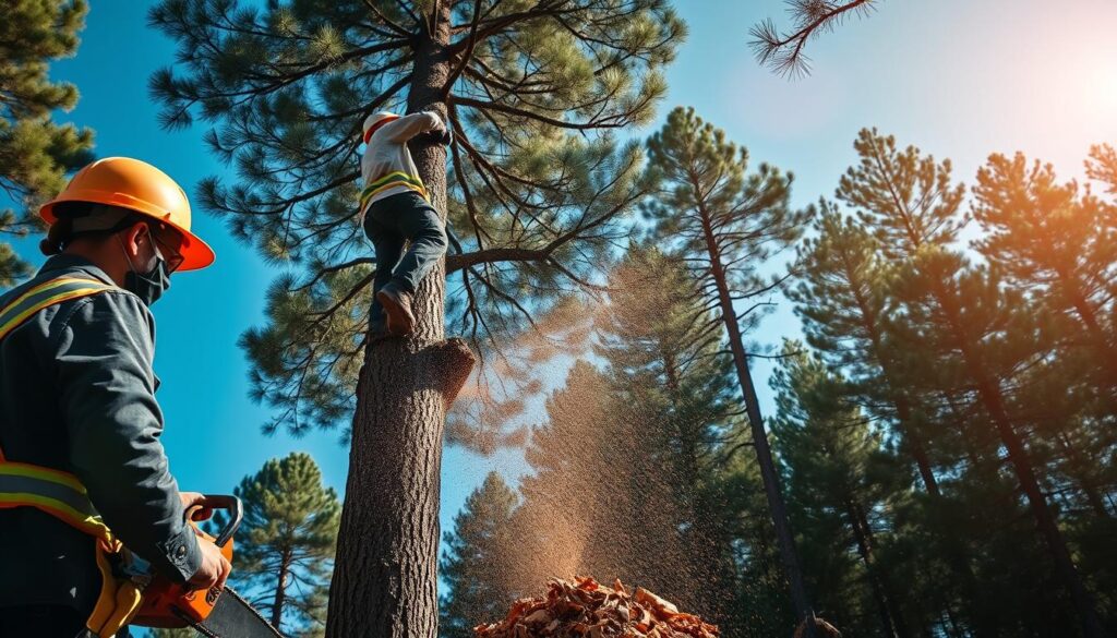A professional tree removal scene depicting safety measures during the felling of a tall pine tree. In the foreground, a certified arborist in a hard hat and safety gear carefully examines the tree with a chainsaw in hand, showcasing proper technique and focus. The middle ground features the tree being cut at an angle, with wood chips scattered below, illustrating the action of felling. In the background, a clear blue sky and dense forest create a serene atmosphere, emphasizing the importance of safety in tree removal. Natural sunlight filters through the branches, casting dynamic shadows and highlighting the professionalism of the operation. The overall mood conveys a commitment to safety and proper procedure in landscape management. A professional tree removal scene depicting safety measures during the felling of a tall pine tree. In the foreground, a certified arborist in a hard hat and safety gear carefully examines the tree with a chainsaw in hand, showcasing proper technique and focus. The middle ground features the tree being cut at an angle, with wood chips scattered below, illustrating the action of felling. In the background, a clear blue sky and dense forest create a serene atmosphere, emphasizing the importance of safety in tree removal. Natural sunlight filters through the branches, casting dynamic shadows and highlighting the professionalism of the operation. The overall mood conveys a commitment to safety and proper procedure in landscape management.
