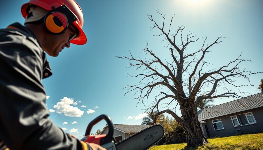 A professional tree removal scene featuring a dead tree in a residential area of Centurion. In the foreground, a tree removal technician in a safety helmet and work gloves prepares to cut down the tree using a chainsaw. The technician is focused and diligent, wearing rugged attire suitable for outdoor work. In the middle ground, the dead tree, with dry, cracked bark and sparse branches, stands against a clear blue sky, surrounded by green grass. In the background, a modest house can be seen under bright sunlight, with a few clouds drifting by. The overall mood is industrious and serene, with natural daylight illuminating the scene from the left. The composition captures the details of the tree's condition, the technician's professional demeanor, and the calm suburban environment. A professional tree removal scene featuring a dead tree in a residential area of Centurion. In the foreground, a tree removal technician in a safety helmet and work gloves prepares to cut down the tree using a chainsaw. The technician is focused and diligent, wearing rugged attire suitable for outdoor work. In the middle ground, the dead tree, with dry, cracked bark and sparse branches, stands against a clear blue sky, surrounded by green grass. In the background, a modest house can be seen under bright sunlight, with a few clouds drifting by. The overall mood is industrious and serene, with natural daylight illuminating the scene from the left. The composition captures the details of the tree's condition, the technician's professional demeanor, and the calm suburban environment.