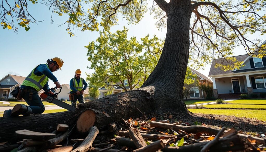A professional tree removal scene in a suburban setting showcasing a team of two workers in safety gear and professional attire, carefully cutting down a large tree with a chainsaw. In the foreground, splintered wood and fallen branches scatter across the ground, while one worker operates the chainsaw, and the other stands by with safety goggles and a helmet, observing the process. In the middle ground, a sizeable tree looms, partially cut, with bright green leaves contrasting against the clear blue sky, creating a sense of urgency and professionalism. In the background, a tidy residential neighborhood can be seen, with a few houses and neatly trimmed lawns. Soft sunlight filters through the branches, casting dynamic shadows on the scene, evoking a mix of diligence and careful expertise. A professional tree removal scene in a suburban setting showcasing a team of two workers in safety gear and professional attire, carefully cutting down a large tree with a chainsaw. In the foreground, splintered wood and fallen branches scatter across the ground, while one worker operates the chainsaw, and the other stands by with safety goggles and a helmet, observing the process. In the middle ground, a sizeable tree looms, partially cut, with bright green leaves contrasting against the clear blue sky, creating a sense of urgency and professionalism. In the background, a tidy residential neighborhood can be seen, with a few houses and neatly trimmed lawns. Soft sunlight filters through the branches, casting dynamic shadows on the scene, evoking a mix of diligence and careful expertise.