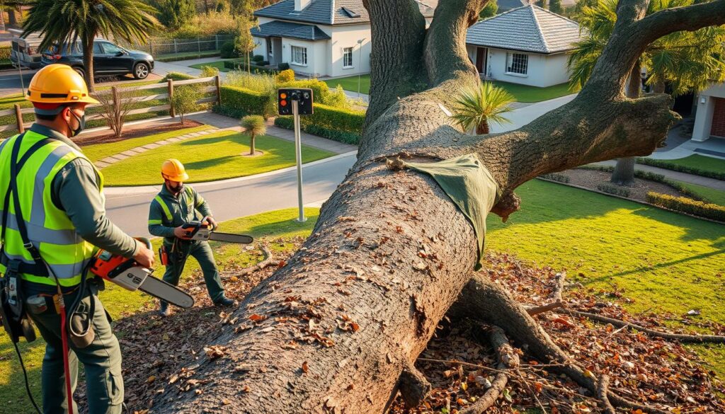 A professional tree removal scene set in Eldoraigne, Centurion, featuring trained arborists in safety gear, meticulously cutting down a large tree. In the foreground, the workers are using chainsaws and ropes, demonstrating careful technique. The middle ground shows the tree partially felled, with branches and leaves scattered around, showcasing the immediate result of their work. The background features a suburban area with well-maintained houses and gardens, bathed in soft afternoon sunlight. The atmosphere is focused and industrious, capturing the expertise and safety involved in tree removal. The composition highlights both the human element and the environmental context, shot from a slight low angle to convey the scale of the tree. A professional tree removal scene set in Eldoraigne, Centurion, featuring trained arborists in safety gear, meticulously cutting down a large tree. In the foreground, the workers are using chainsaws and ropes, demonstrating careful technique. The middle ground shows the tree partially felled, with branches and leaves scattered around, showcasing the immediate result of their work. The background features a suburban area with well-maintained houses and gardens, bathed in soft afternoon sunlight. The atmosphere is focused and industrious, capturing the expertise and safety involved in tree removal. The composition highlights both the human element and the environmental context, shot from a slight low angle to convey the scale of the tree.
