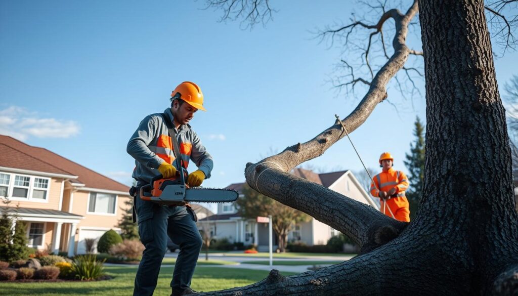 A professional tree removal scene showcasing a certified team in action, set in a residential area with a focus on hazardous, dead, or storm-damaged trees. In the foreground, a skilled arborist in a safety helmet and work gloves operates a chainsaw, carefully cutting down a large, leaning tree. In the middle ground, another team member, dressed in bright orange safety gear, secures the fallen tree with ropes, ensuring safe maneuvering. The background features a picturesque suburban environment with well-maintained houses and a clear blue sky. Soft, natural lighting enhances the atmosphere, with subtle shadows reflecting the time of day. The image captures a sense of professionalism and safety, illustrating the importance of expert tree removal services. A professional tree removal scene showcasing a certified team in action, set in a residential area with a focus on hazardous, dead, or storm-damaged trees. In the foreground, a skilled arborist in a safety helmet and work gloves operates a chainsaw, carefully cutting down a large, leaning tree. In the middle ground, another team member, dressed in bright orange safety gear, secures the fallen tree with ropes, ensuring safe maneuvering. The background features a picturesque suburban environment with well-maintained houses and a clear blue sky. Soft, natural lighting enhances the atmosphere, with subtle shadows reflecting the time of day. The image captures a sense of professionalism and safety, illustrating the importance of expert tree removal services.