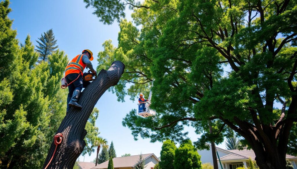 A professional tree removal service in action, depicting a dense green residential area with a variety of trees, including large oaks and pines. In the foreground, a worker in a bright orange safety vest uses a chainsaw to cut through a thick tree trunk, showcasing expert technique and safety gear. In the middle ground, a cherry picker is elevated, with another worker in a hard hat safely removing branches. The background includes modern homes and a clear blue sky, suggesting a sunny day. The lighting is bright and natural, conveying a sense of efficiency and professionalism in the task. The overall atmosphere is one of focus and safety, capturing the essence of tree removal services for homes and commercial sites. A professional tree removal service in action, depicting a dense green residential area with a variety of trees, including large oaks and pines. In the foreground, a worker in a bright orange safety vest uses a chainsaw to cut through a thick tree trunk, showcasing expert technique and safety gear. In the middle ground, a cherry picker is elevated, with another worker in a hard hat safely removing branches. The background includes modern homes and a clear blue sky, suggesting a sunny day. The lighting is bright and natural, conveying a sense of efficiency and professionalism in the task. The overall atmosphere is one of focus and safety, capturing the essence of tree removal services for homes and commercial sites.