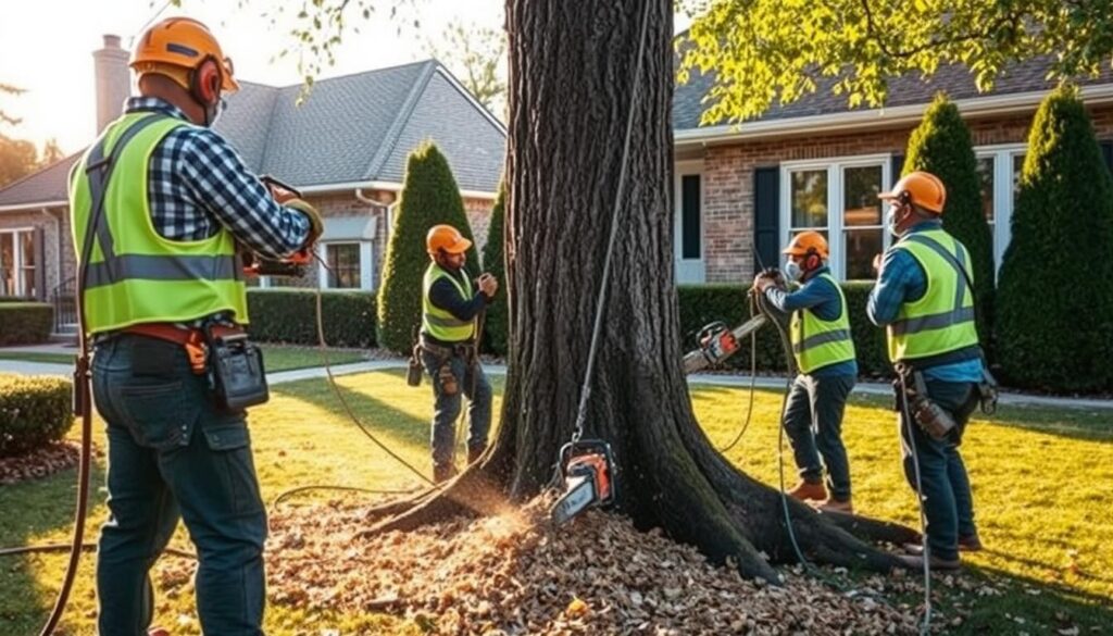 A professional tree removal service in action, featuring a team of three workers in safety gear and yellow vests, using chainsaws and ropes to fell a large tree in a suburban setting. In the foreground, show a worker skillfully cutting the trunk, while another worker secures branches with ropes. In the middle, the tree is being carefully lowered, with sawdust and leaves scattered around. In the background, depict a neatly maintained lawn with a residential home and well-trimmed hedges, enhancing the suburban atmosphere. The scene is illuminated by warm afternoon sunlight, casting soft shadows, and captured from a slightly low angle to emphasize the height of the tree and the professionalism of the crew, creating a sense of safety and reliability. A professional tree removal service in action, featuring a team of three workers in safety gear and yellow vests, using chainsaws and ropes to fell a large tree in a suburban setting. In the foreground, show a worker skillfully cutting the trunk, while another worker secures branches with ropes. In the middle, the tree is being carefully lowered, with sawdust and leaves scattered around. In the background, depict a neatly maintained lawn with a residential home and well-trimmed hedges, enhancing the suburban atmosphere. The scene is illuminated by warm afternoon sunlight, casting soft shadows, and captured from a slightly low angle to emphasize the height of the tree and the professionalism of the crew, creating a sense of safety and reliability.