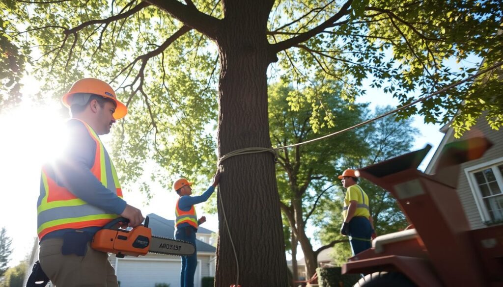 A professional tree removal site in action, showcasing safety procedures. In the foreground, a certified arborist in a hard hat and reflective vest inspects a tree with a chainsaw. The middle ground features a crew member securing ropes on a large, leaning tree, while another prepares to operate a wood chipper. Bright sunlight filters through the leaves, creating dappled light patterns on the workers. In the background, a suburban home is partially visible, emphasizing minimal disruption to the neighborhood. The atmosphere is focused and efficient, with a clear blue sky overhead, indicating a productive day. The composition should use a medium-wide angle to capture both the action and the surroundings, enhancing the feel of a safe and organized workspace. A professional tree removal site in action, showcasing safety procedures. In the foreground, a certified arborist in a hard hat and reflective vest inspects a tree with a chainsaw. The middle ground features a crew member securing ropes on a large, leaning tree, while another prepares to operate a wood chipper. Bright sunlight filters through the leaves, creating dappled light patterns on the workers. In the background, a suburban home is partially visible, emphasizing minimal disruption to the neighborhood. The atmosphere is focused and efficient, with a clear blue sky overhead, indicating a productive day. The composition should use a medium-wide angle to capture both the action and the surroundings, enhancing the feel of a safe and organized workspace.