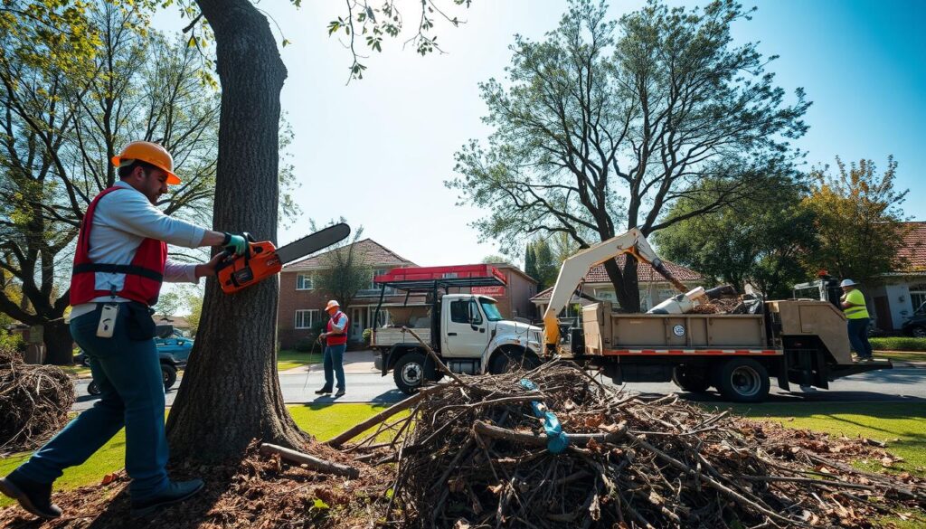 A professional tree removal team actively working in Centurion, showcasing a same-day tree removal scenario. In the foreground, a worker in a hard hat and professional attire uses a chainsaw to cut through a large tree trunk, while another team member guides the falling branches. In the middle ground, a sturdy truck with tree removal equipment is parked nearby, and a chipper machine processes the branches into wood chips. The background features a well-kept suburban neighborhood with a clear blue sky, dappled sunlight filtering through the leafy trees. The scene captures a sense of urgency and professionalism, reflecting the advantages of immediate tree removal services. The image should convey an atmosphere of efficiency and teamwork in a safe working environment. A professional tree removal team actively working in Centurion, showcasing a same-day tree removal scenario. In the foreground, a worker in a hard hat and professional attire uses a chainsaw to cut through a large tree trunk, while another team member guides the falling branches. In the middle ground, a sturdy truck with tree removal equipment is parked nearby, and a chipper machine processes the branches into wood chips. The background features a well-kept suburban neighborhood with a clear blue sky, dappled sunlight filtering through the leafy trees. The scene captures a sense of urgency and professionalism, reflecting the advantages of immediate tree removal services. The image should convey an atmosphere of efficiency and teamwork in a safe working environment.