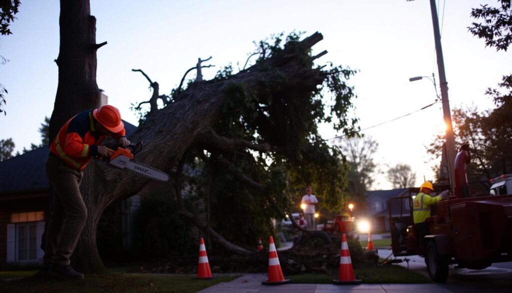A professional tree removal team in action during an emergency, set in a residential neighborhood at dusk. In the foreground, a worker, dressed in bright orange safety gear and hard hat, operates a chainsaw to cut down a large, fallen tree that is partially resting on a house. In the middle ground, another worker uses a chipper to process the branches, while safety cones and equipment are strategically placed around the site. The background features a clear sky transitioning to twilight, with glowing streetlights illuminating the scene. The mood is urgent yet controlled, emphasizing efficiency and safety in a critical situation. The image should capture motion and intensity, focusing on the teamwork involved in swift tree removal. A professional tree removal team in action during an emergency, set in a residential neighborhood at dusk. In the foreground, a worker, dressed in bright orange safety gear and hard hat, operates a chainsaw to cut down a large, fallen tree that is partially resting on a house. In the middle ground, another worker uses a chipper to process the branches, while safety cones and equipment are strategically placed around the site. The background features a clear sky transitioning to twilight, with glowing streetlights illuminating the scene. The mood is urgent yet controlled, emphasizing efficiency and safety in a critical situation. The image should capture motion and intensity, focusing on the teamwork involved in swift tree removal.