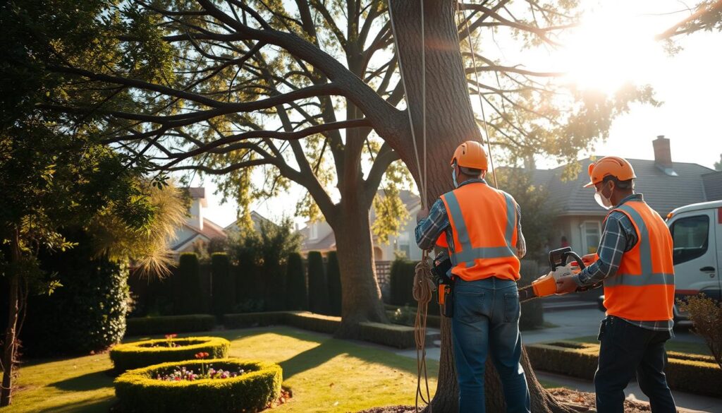 A professional tree removal team is carefully engaged in felling a tall, mature tree in a residential area. In the foreground, two workers, dressed in bright orange safety vests and helmets, use chainsaws and ropes to manage the tree's descent safely. The middle ground features the tree, its branches spread wide, casting dappled shadows on the ground. In the background, a well-kept garden with neatly trimmed hedges and flower beds creates a serene atmosphere, contrasting the active work. Soft morning light enhances the scene, casting warm hues, while a slight lens flare adds depth. The mood conveys professionalism and safety, highlighting the importance of careful tree removal in urban environments. A professional tree removal team is carefully engaged in felling a tall, mature tree in a residential area. In the foreground, two workers, dressed in bright orange safety vests and helmets, use chainsaws and ropes to manage the tree's descent safely. The middle ground features the tree, its branches spread wide, casting dappled shadows on the ground. In the background, a well-kept garden with neatly trimmed hedges and flower beds creates a serene atmosphere, contrasting the active work. Soft morning light enhances the scene, casting warm hues, while a slight lens flare adds depth. The mood conveys professionalism and safety, highlighting the importance of careful tree removal in urban environments.